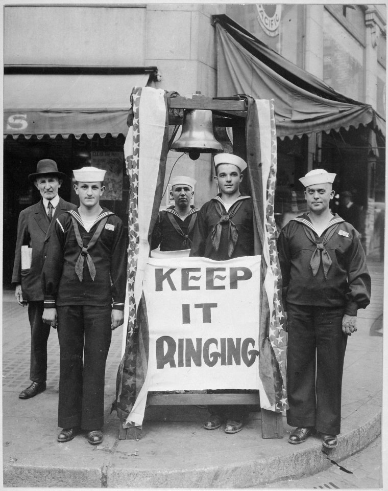 Bell ringers on Seattle, Washington, streets during 4th Liberty Loan. Bells were afterwards muffled, as a reproach, subs - NARA - 533668
