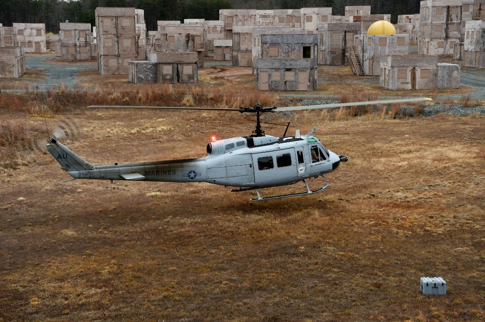 Bell UH-1H Huey with Autonomous Aerial Cargo Utility System lands at Marine Corps Base Quantico on 12 December 2017 (171212-N-PO203-155)