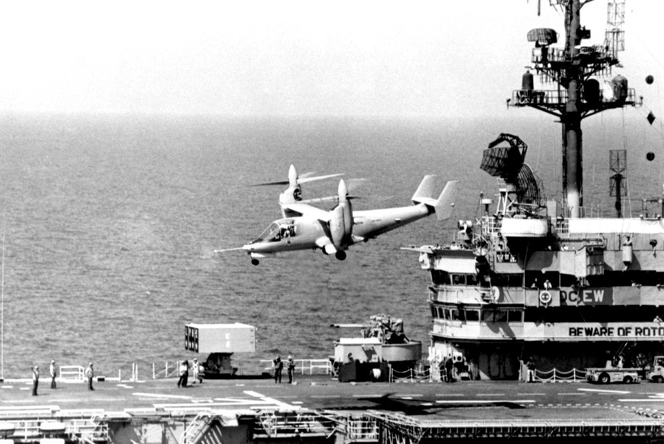 Bell XV-15 takes off from USS Tripoli (LPH-10) in 1983
