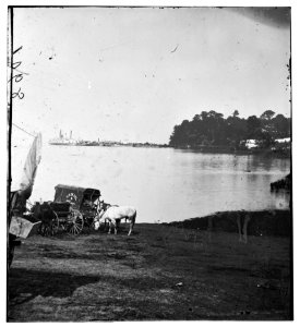 Belle Plain Landing, Virginia. Distance view of Belle Plain Landing on the James River. (U.S. Mail wagon 2nd Corps in foreground) LOC cwpb.01784