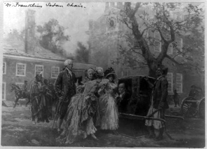 Benjamin Franklin, 1706-1790, seated in sedan chair, facing left, facing 3 women and a man, 2 Indians and others in background LCCN2005693068