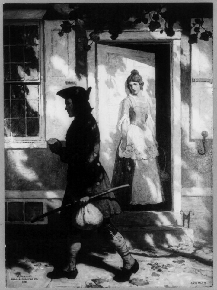 Benjamin Franklin, 1706-1790, full length, as a youth, walking with stick and sack in one hand, in front of a doorway in which is standing young woman, Deborah Reade LCCN2006677784