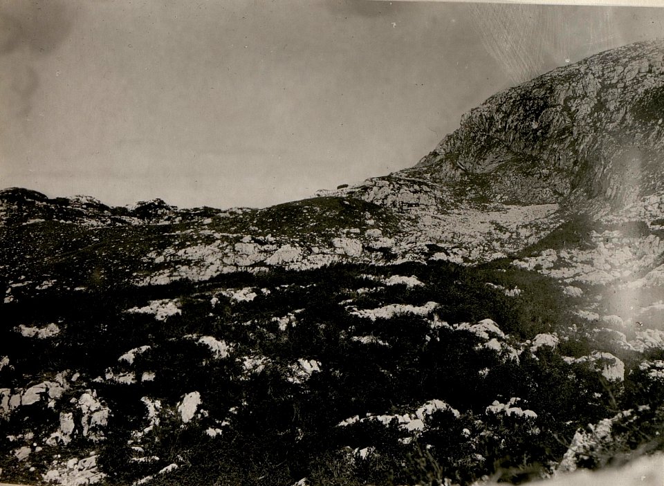 Beobachtungs punkt, Totenkuppe Rombon.Aufnahme fdl. Stellungen Cukla Spitze, Cukla Sattel gegen Teufelsstufe und Kl.Rombon. (24-9.1917.) (BildID 15802323)