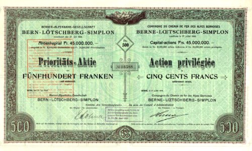 Berner Alpenbahn-Gesellschaft 500 Fr 1906 photo