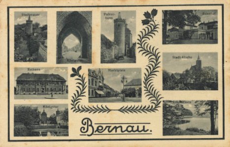 Bernau (Mark), Brandenburg - Stadtmauer; Pulverturm; Bahnhof (Zeno Ansichtskarten)