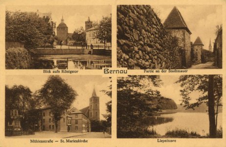 Bernau (Mark), Brandenburg - Königstor; Stadtmauer; Mühlenstraße mit Marienkirche (Zeno Ansichtskarten)