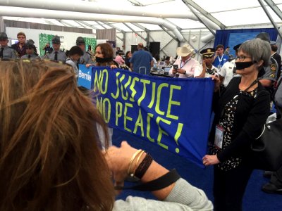 Bernie Sanders protesters in press tent following Clinton nomination CoU-8HWWYAAms0h