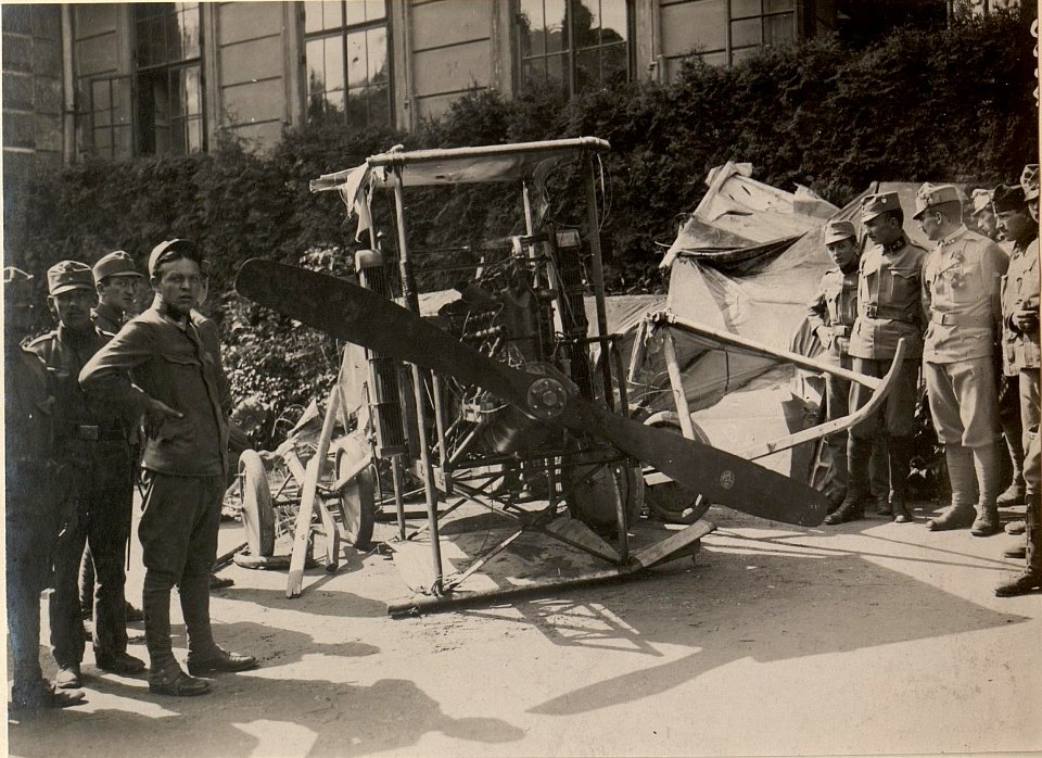 Besichtigung des am 4. Juli 1916 herabgeschossenen italienischen Flugzeuges. Aufgenommen am 5. Juli 1916. (BildID 15477029)