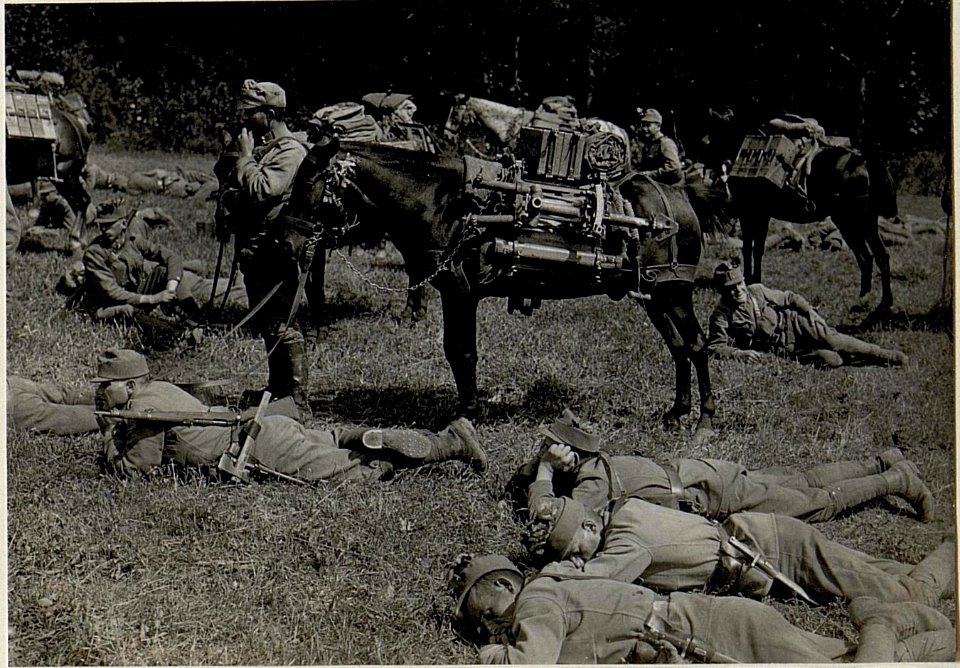 Besuch Erzherzogs Karl bei der 36. Infanteriedivision am 24.8.1916, Rastende Truppen einer Maschinengewehrabteilung (BildID 15549992)