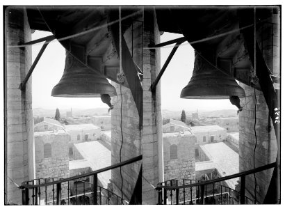 Bethlehem and surroundings. The Christmas bells. Bell of Greek belfry with Bethlehem and desert LOC matpc.02605