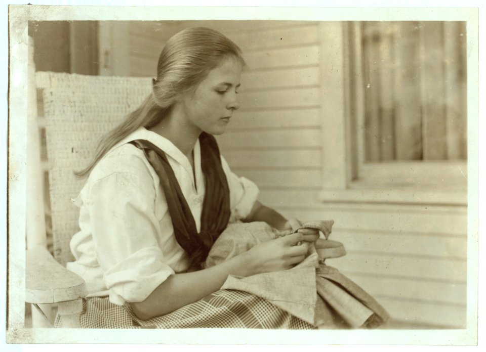 Betsay (i.e., Betsey) Price, - First year High School at her club sewing. 4 H Club work - Marlinton, W. Va. LOC nclc.04436