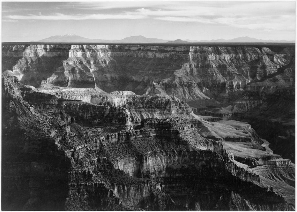 Broad view with detail of canyon, horizon, and mountains above, Grand Canyon National Park, Arizona., 1933 - 1942 - NARA - 519888