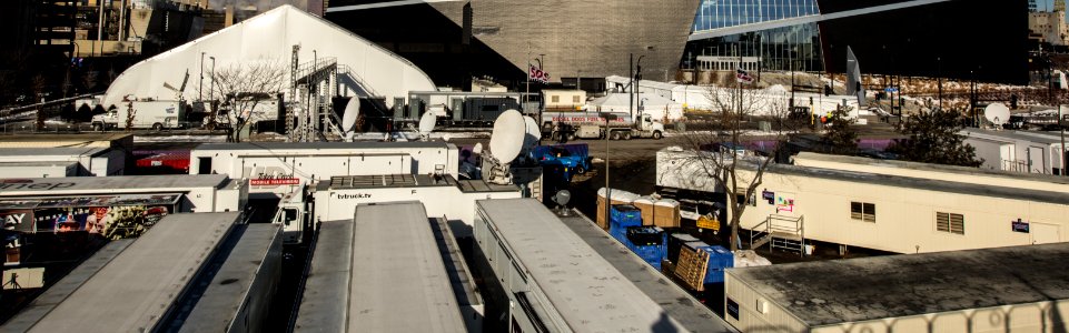 Broadcasting trailers and vans outside US Bank Stadium (28290233049)