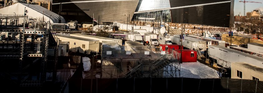 Broadcasting trailers and vans outside US Bank Stadium (40036960222)