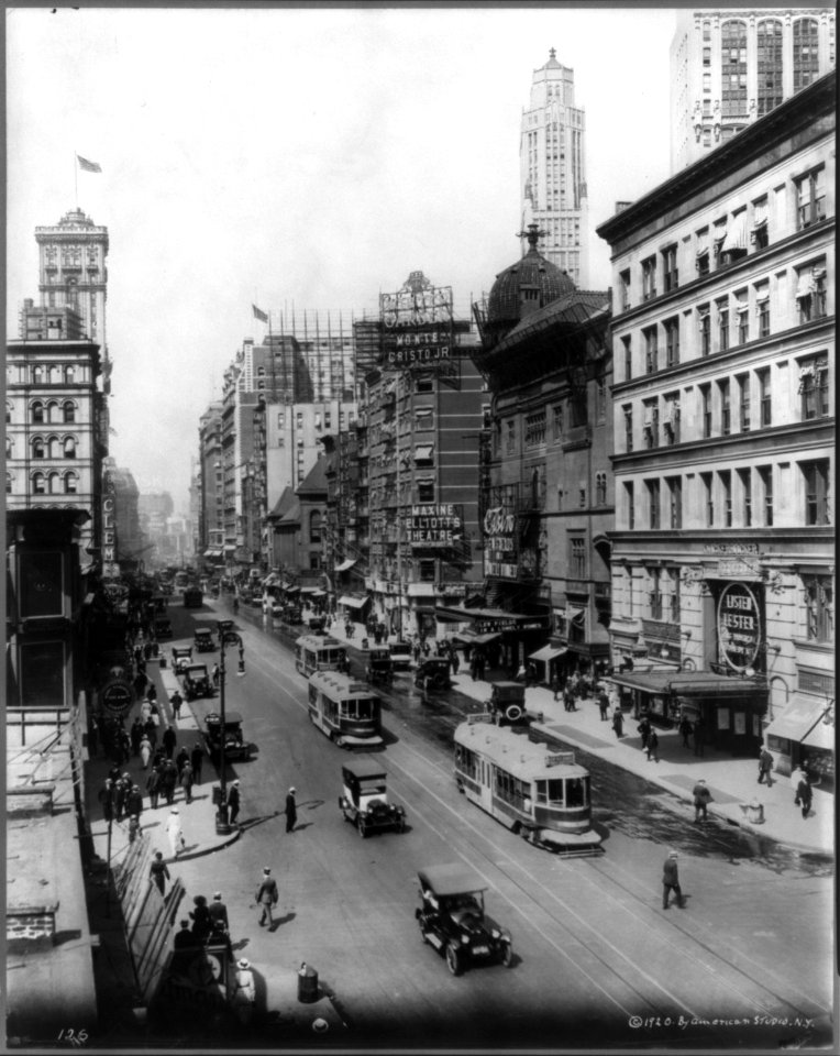 Broadway north from 38th St., New York City, showing Winter Garden, Maxine Elliott's, Casino, and Knickerbocker Theatres LCCN2003689020