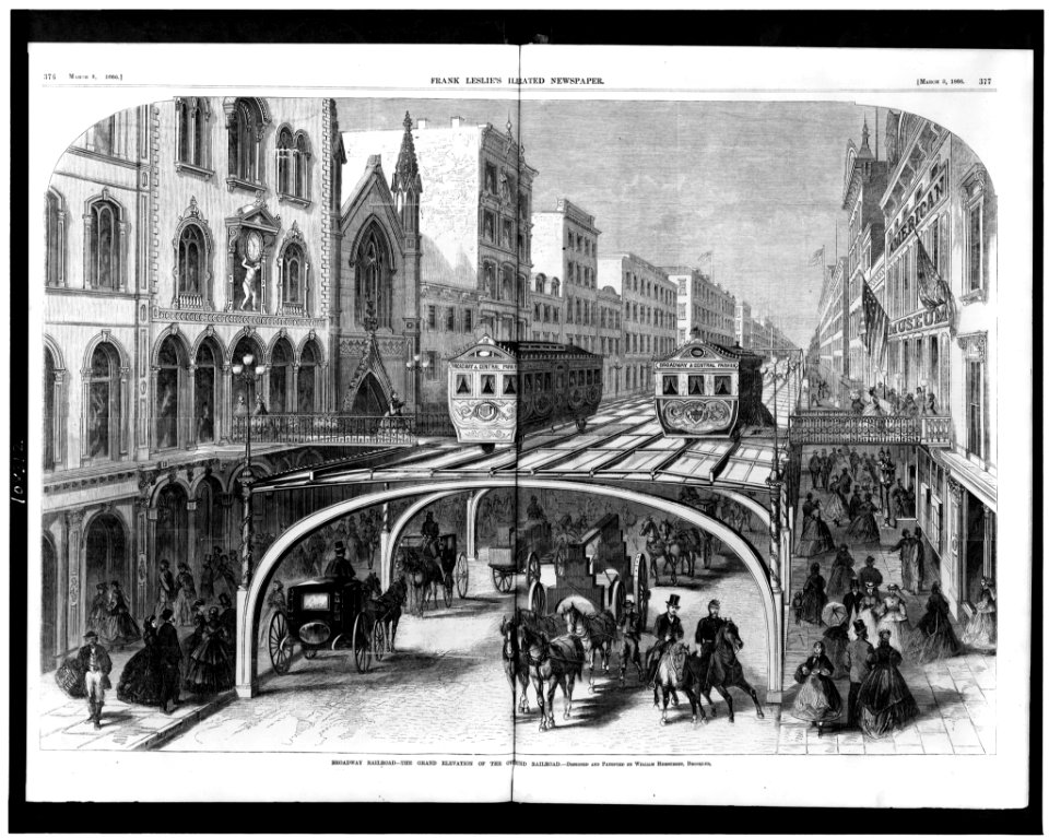 Broadway Railroad - the grand elevation of the overground railroad - designed and patented by William Hemstreet, Brooklyn. LCCN93512264