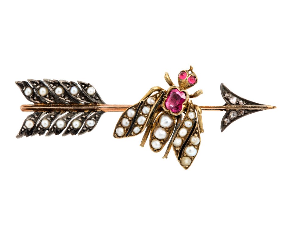 Brosch av guld med pärlor, rubiner och rosenstenar, 1800-tal - Hallwylska museet - 110260