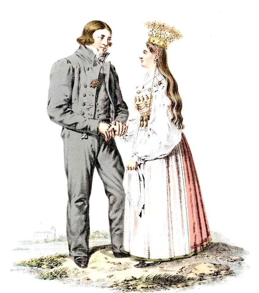 Brudpar. Folkdräkter, Östra härad, Jämjö socken, Blekinge. Bildtryck - Nordiska Museet - NMA.0035431