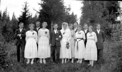 Bröllopsfoto i det gröna, tidigt 1900-tal. Lima, Dalarna - Nordiska Museet - NMA.0051015