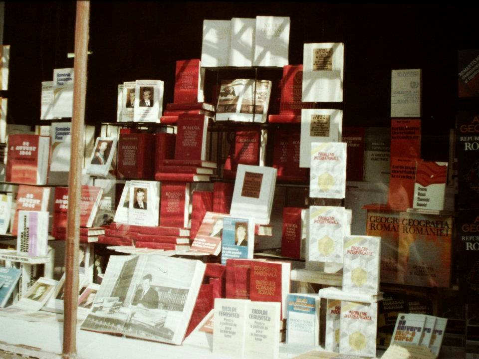 Bucharest bookstore window, showcasing Ceaușescu's work