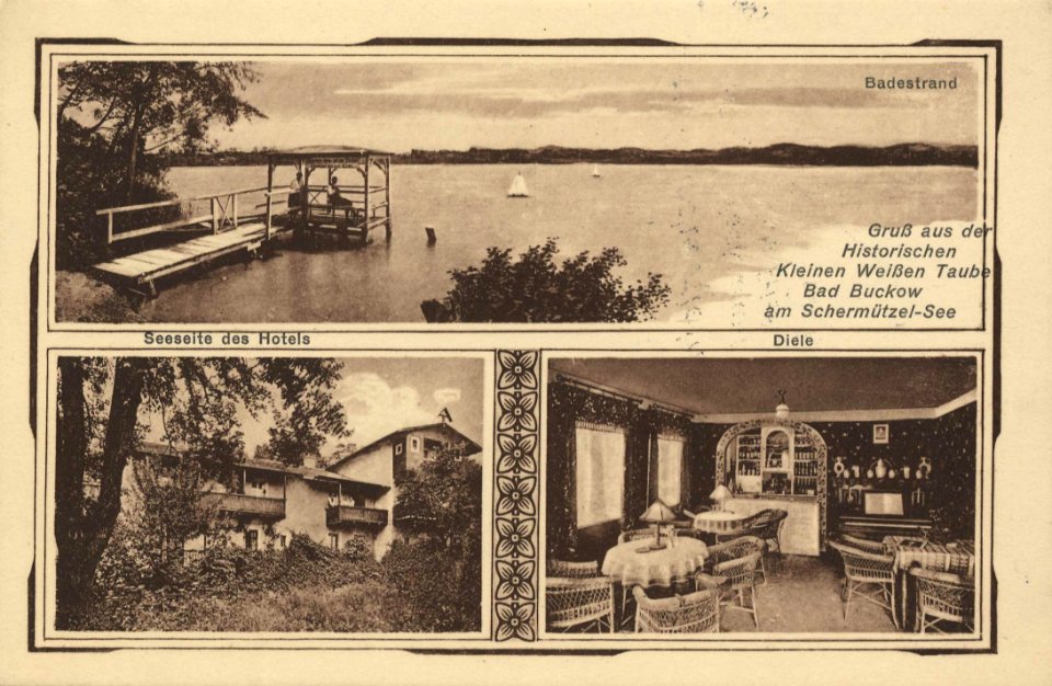 Buckow (Märk. Schweiz), Brandenburg - Badestrand; Hotel; Diele (Zeno Ansichtskarten)