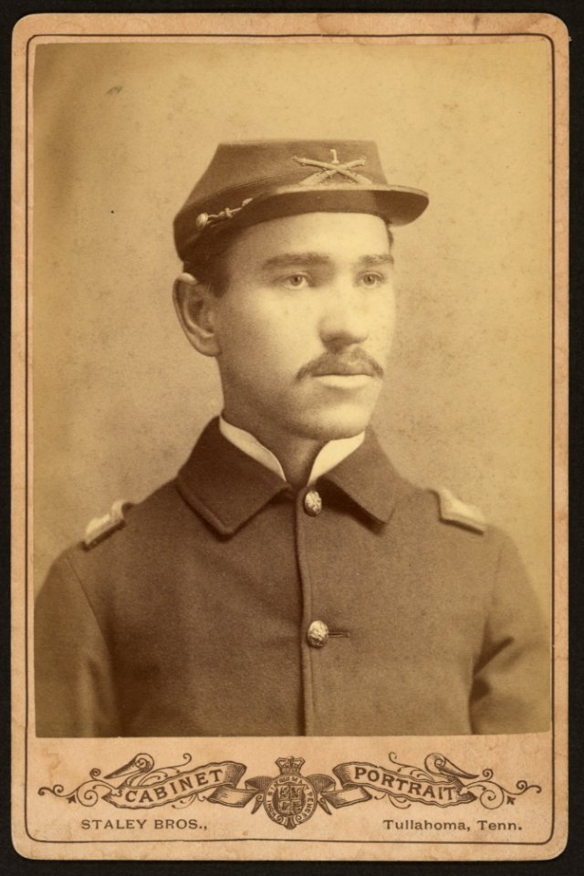 Buffalo soldier, African American officer, Lt. 1st Infantry, four button sack with crossed rifles and 1 on kepi) - Staley Bros., photographers and portrait artists, Tullahoma Tenn LCCN2010645142