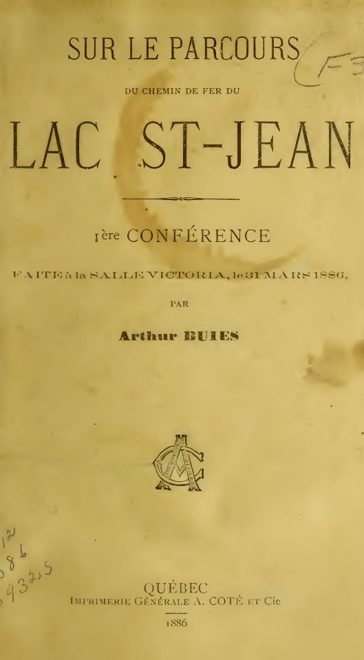 Buies - Sur le parcours du chemin de fer du Lac St-Jean, première conférence, 1886 (page 1 crop)-1