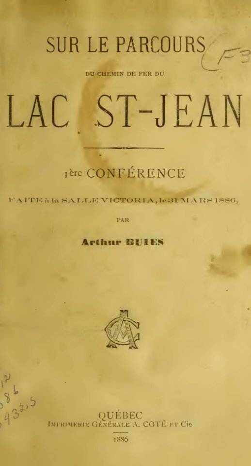Buies - Sur le parcours du chemin de fer du Lac St-Jean, première conférence, 1886 (page 1 crop)