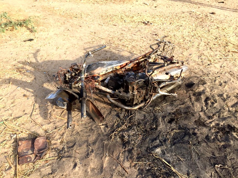 Burned Boko Haram motorcycle in Zenam Kelouri 2016