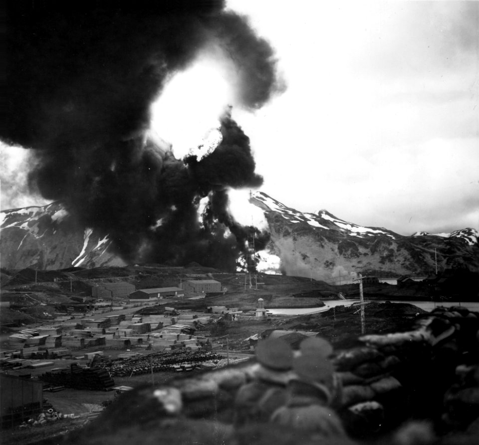 Burning oil tanks at Dutch Harbor 1942