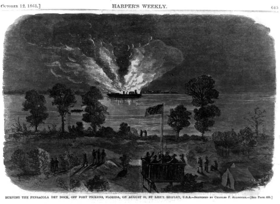 Burning the Pensacola dry dock, off Fort Pickens, Florida, on August 31, by Lieut. Shipley, U.S.A. LCCN2002716617