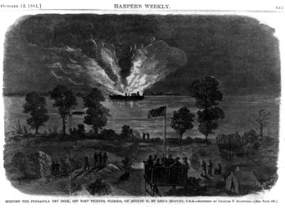 Burning the Pensacola dry dock, off Fort Pickens, Florida, on August 31, by Lieut. Shipley, U.S.A. LCCN2002716617