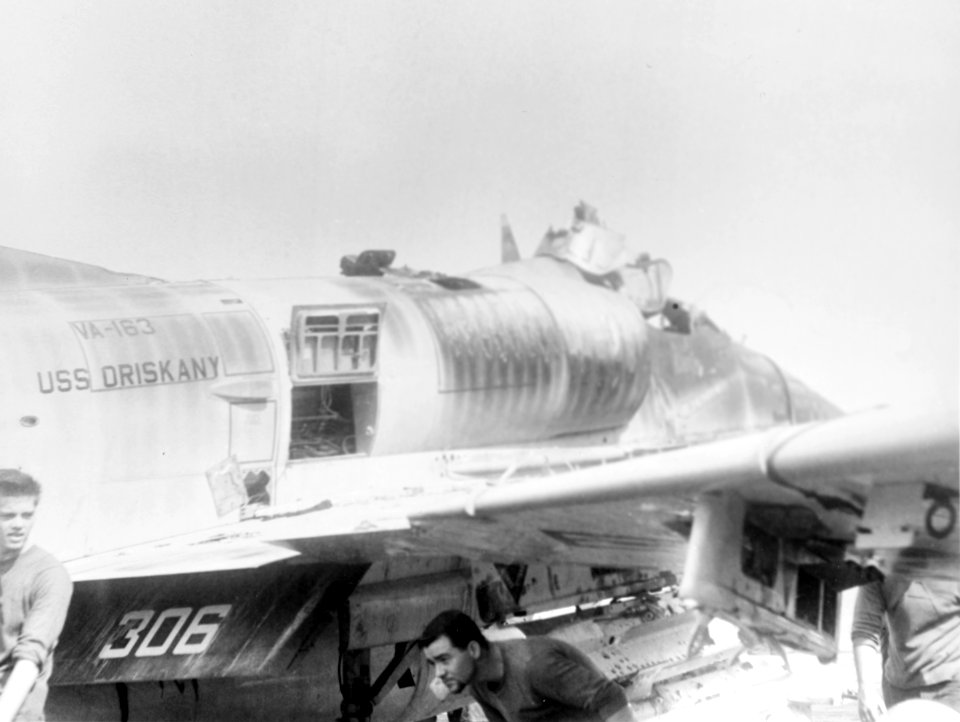 Burnt A-4E Skyhawk of VA-163 on USS Oriskany (CVA-34) in October 1966