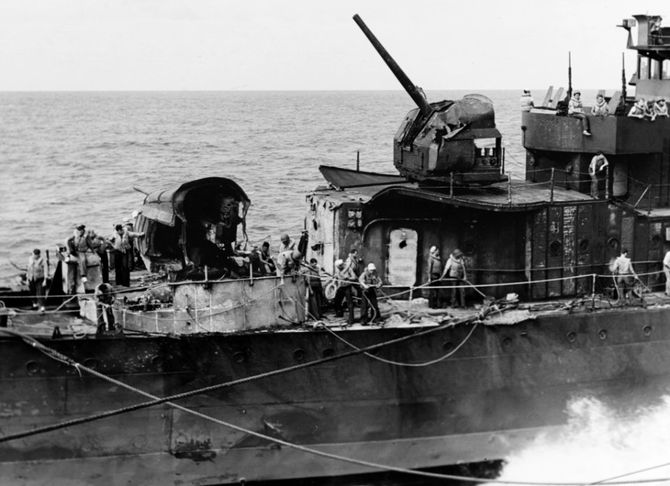 Burnt-out forecastle of USS Smith (DD-378) after the Battle of the Santa Cruz Islands, 28 October 1942 (80-G-20675)