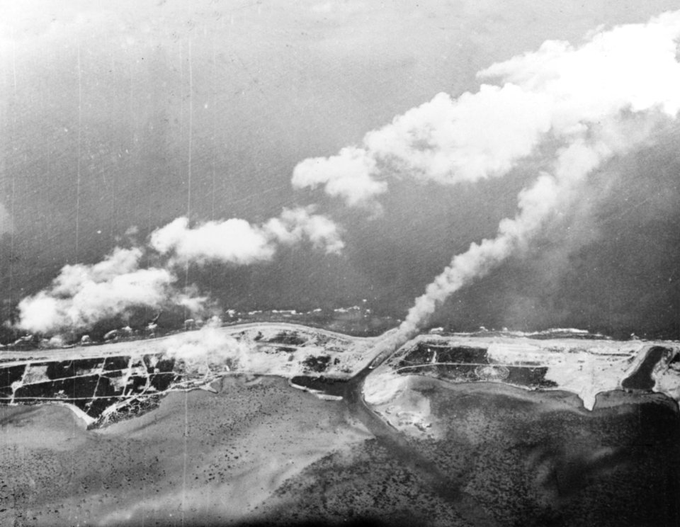 Burning Japanese ship at Wake Island in October 1943
