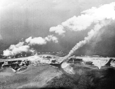 Burning Japanese ship at Wake Island in October 1943