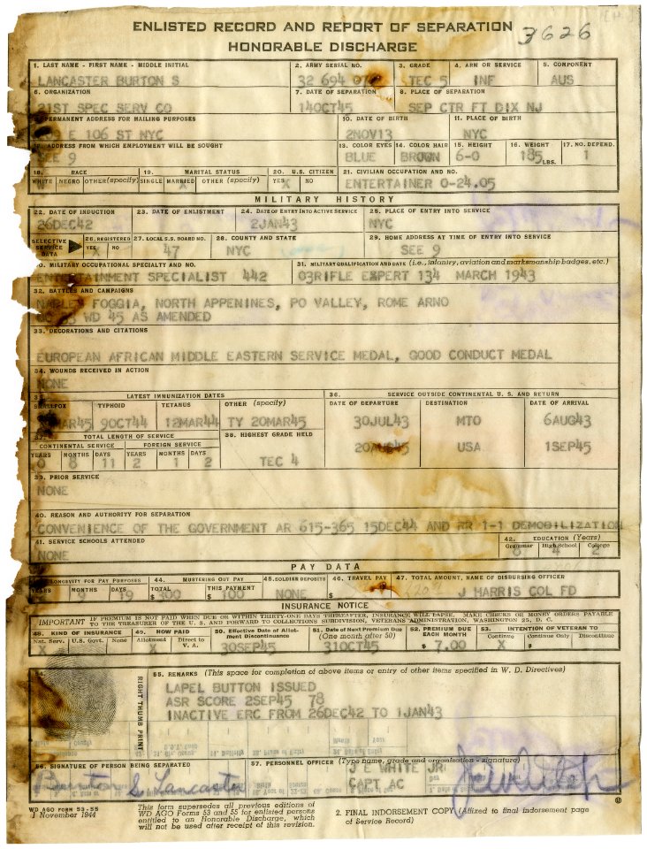 Burton Stephen Lancaster (1913-1994) discharge certificate (WD AGO)