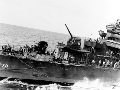 Burnt-out forecastle of USS Smith (DD-378) after the Battle of the Santa Cruz Islands, 1942 (80-G-33379)