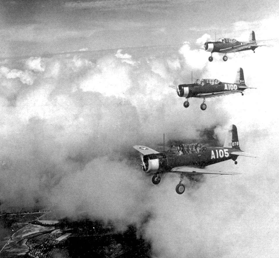 Bush Field - Vultee BT-13s in Three-Ship Formation