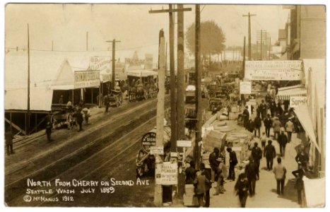 Businesses in tents along Second Ave in aftermath of Great Fire, Seattle, July 1889 (MOHAI 11934)
