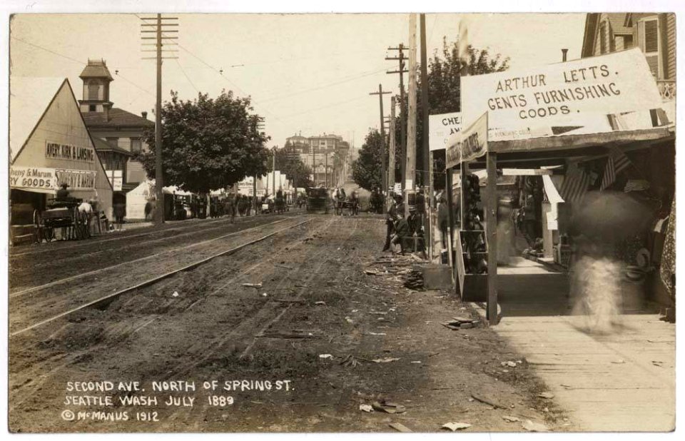 Businesses on Second Avenue after the Great Fire, Seattle, July 1889 (MOHAI 11919)