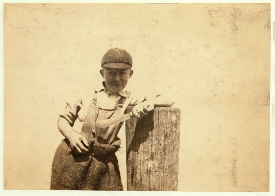 Butcher knife used by Ralph, a young cutter in a canning company and a badly cut finger. Several children working with him had cut fingers, and even the adults said they could not help LOC cph.3b37905