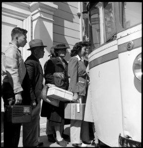 Byron, California. The moment has come for these farm families of Japanese descent to board the bus . . . - NARA - 537465