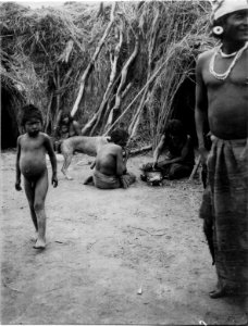 Byscen. Gosse och man framför hydda vid vilken två äldre kvinnor sitta och äta. Bolivianska Chaco - SMVK - 004622 photo