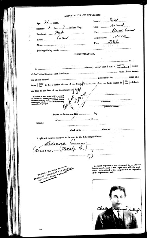 C T Ludington passport application 1924