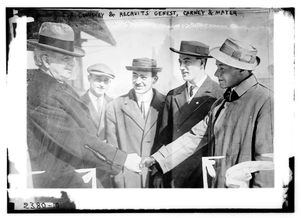 C. Comiskey & recruits outfielder Wilfred H. Genest with catchers Thomas Carney & Wally Mayer (baseball) LCCN2014690249