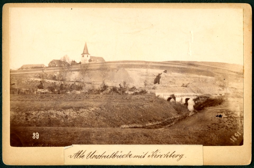 C. Bregazzi Langensalza KAB 039 Alte Unstrutbrücke mit Kirchberg Bildseite mit fortlaufender Nummer, Jahreszahl 1891, Blindstempel und Titel-Aufkleber