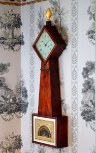 Clock, attributed to Aaron Willard Jr. shop, Boston, 1800-1810, mahogany, casuarina, pine, brass, steel, painted glass - Concord Museum - Concord, MA - DSC05711 photo
