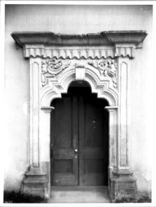 Close-up of the door to the church at Mission San Carlos Borromeo, Monterey, ca.1906 (CHS-4150) photo