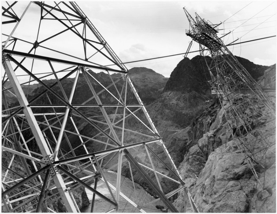 Close-Up Photograph of Boulder Dam Transmission Lines on Side of Cliff, 1941 - NARA - 519845